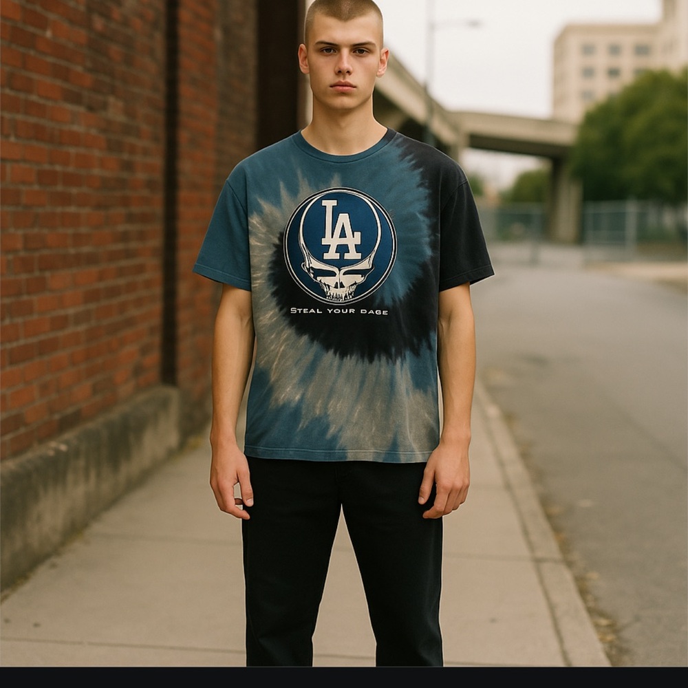 Grateful Dead T Shirt LA Dodgers Steal Your Base Tie Dye Liquid Blue Size Med‎